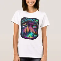 Neon UFO and Alien Scene Psychedelic Art T-Shirt