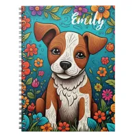 Cute Puppy with Whimsical Folk Art Flowers Notebook