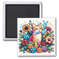 Pixel Art | Cat Sitting in Flowers   Magnet