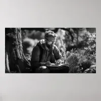 Journaling alone in the woods B&W photo Poster