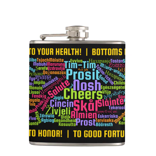 Colorful Word Art Cheers in Many Languages Flask