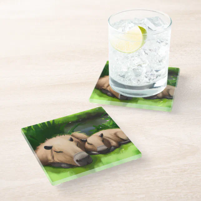 Cute Funny Napping Capybaras by the Pond Glass Coaster