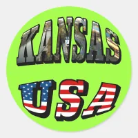 Kansas Picture and USA Flag Font Classic Round Sticker