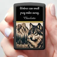 Majestic wolf gazes at mountain scenery in nature zippo lighter