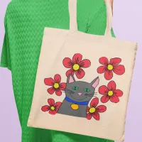 Grey cat with flowers personalise with own initial tote bag