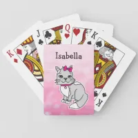 Gray and White Cat Personalized Girl's Pink  Poker Cards