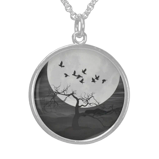Spooky Ravens Flying Against the Full Moon Sterling Silver Necklace