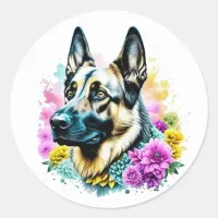 German Shepherd surrounded by Flowers Classic Round Sticker