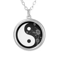 Black Floral Yin Yang Symbol Silver Plated Necklace