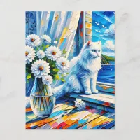 White Cat in Window sill Looking out at the Ocean Postcard