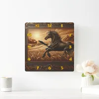 Majestic Horse Galloping Through Golden Fields Square Wall Clock