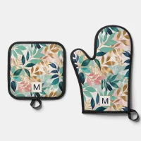 Leaf Pattern Pretty Colorful Leaves Monogrammed Oven Mitt & Pot Holder Set