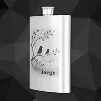 Monogram Simple Black and White Birds in Trees |  Flask