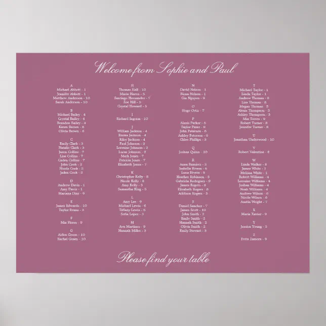 Mauve Alphabetical Seating Chart Poster