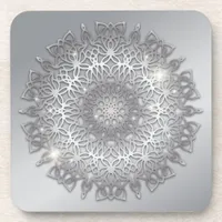 Luxury Glowing Sparkling Silver Metallic Mandala  Beverage Coaster