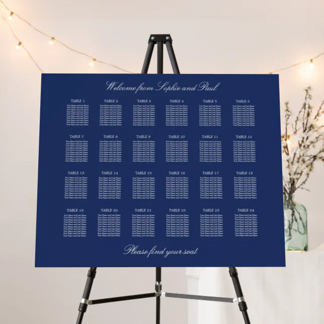 Navy Blue 24 Table Wedding Seating Chart Foam Board