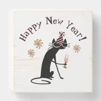Happy New Year Wine Quote with Cat Wooden Box Sign