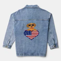 Puppy Wearing Sunglasses USA Flag Heart Womens Denim Jacket