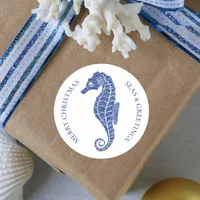 Coastal Christmas Glitter Seahorse Navy Blue Classic Round Sticker