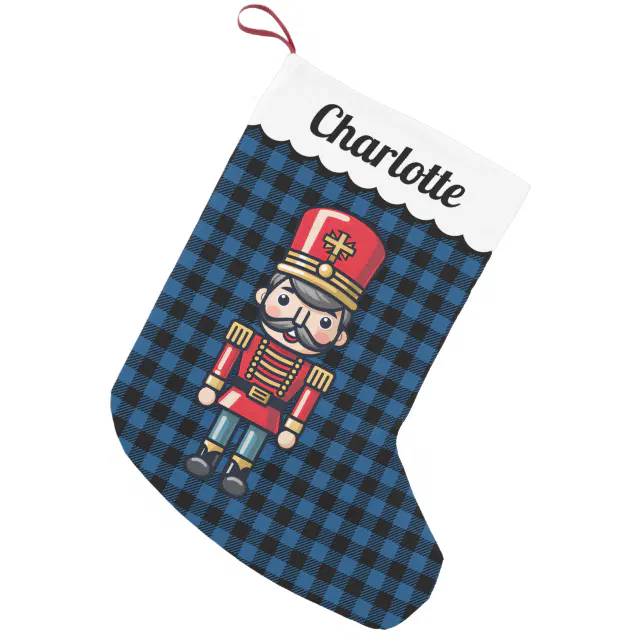 Blue Buffalo Checks Plaid Nutcracker Monogram Name Small Christmas Stocking