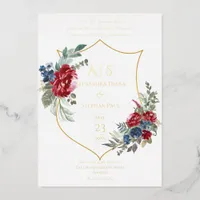 Vintage Floral Magenta Crest Monogram Wedding Foil Invitation