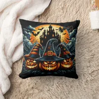 Jack-o'-lanterns shine under moonlight throw pillow