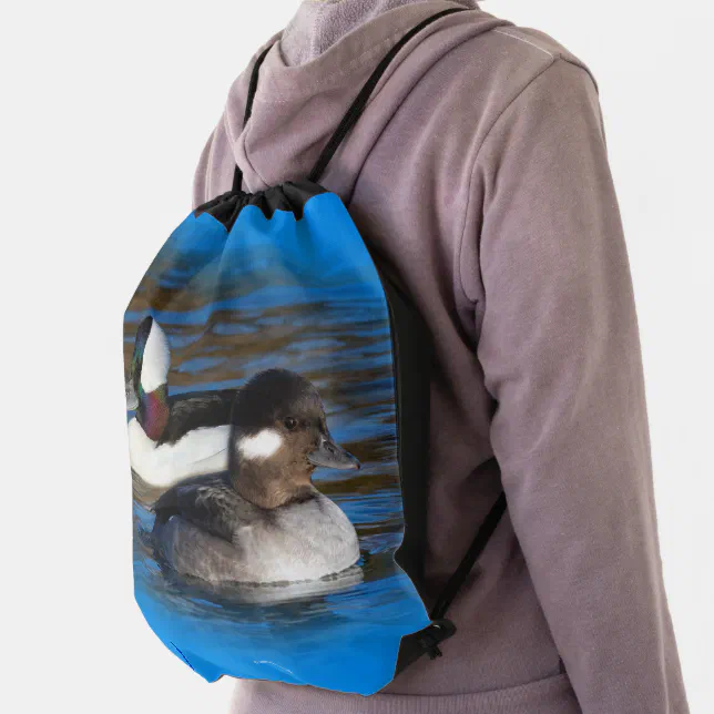 Cute Bufflehead Ducks Lovebirds at Winter Pond Drawstring Bag