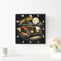 Classic hot rod cruising along the moonlit highway square wall clock