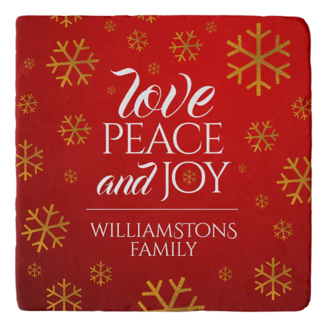 Festive Red Love, Peace, and Joy with Snowflakes Trivet