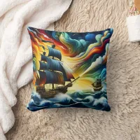 Majestic Pirate Ship Sailing Through Colorful Seas Throw Pillow