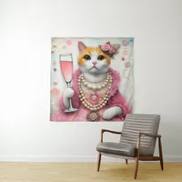 Adorable Cat Pink Dress With Pearls with Drink Tapestry