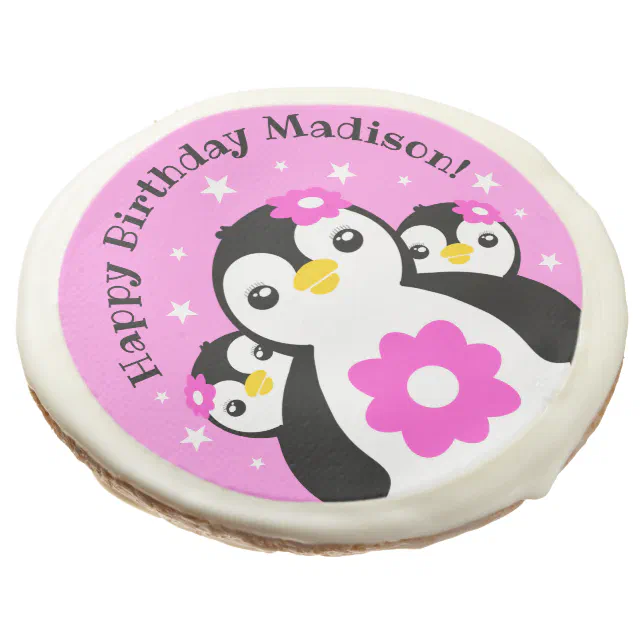 Cute Happy Birthday Girl Penguins Pink Flowers Sugar Cookie