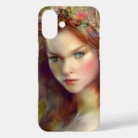 Dreamy kitschy Maiden with Flower Wreath AI Art iPhone 16 Plus Case