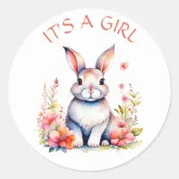 Bunny Rabbit in Flowers It's a Girl Baby Shower Classic Round Sticker