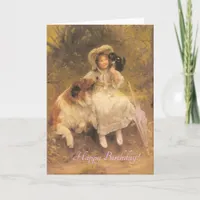 Vintage Girl With Pets, Birthday Card