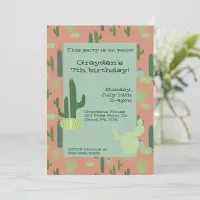 Cute Cactus Peach & Green Birthday Invitation