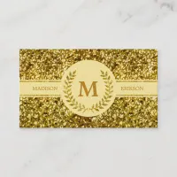 Gold Glitter Laurel Monogram Elegant Business Card