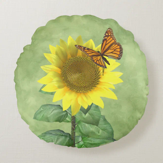 Pretty Yellow Sunflower and Orange Butterfly Round Pillow