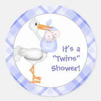 Stork & Twin Boys Baby Shower Classic Round Sticker