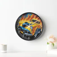 Hot rod racing down a fiery sunset highway clock