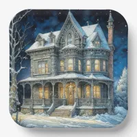 Pretty Illuminated Christmas House Paper Plates