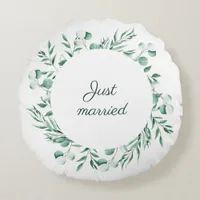 Elegant Eucalyptus White Just Married  Round Pillow