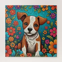 Cute Puppy with Whimsical Folk Art Flowers Jigsaw Puzzle