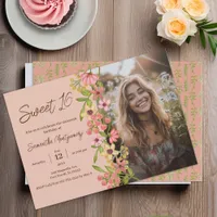 Pink Floral Boho Sweet 16 Photo Birthday Party Invitation