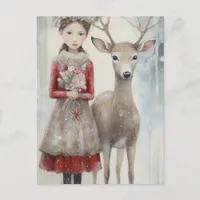 Girl and a Deer Mixed Media Postcard