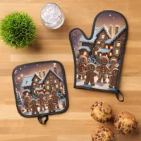 Gingerbread house and cute gingerbread family  oven mitt & pot holder set