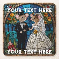 Mosaic Mouse Wedding Couple Stained Glass Effect. Square Paper Coaster