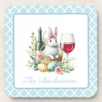 Whimsical Bunny & Wine Design Hard plastic coaster