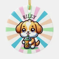 Cute Kawaii Puppy Dog with Bubble Tea Personalized Ceramic Ornament