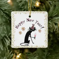 Happy New Year Funny Cat with Champagne Ceramic Ornament